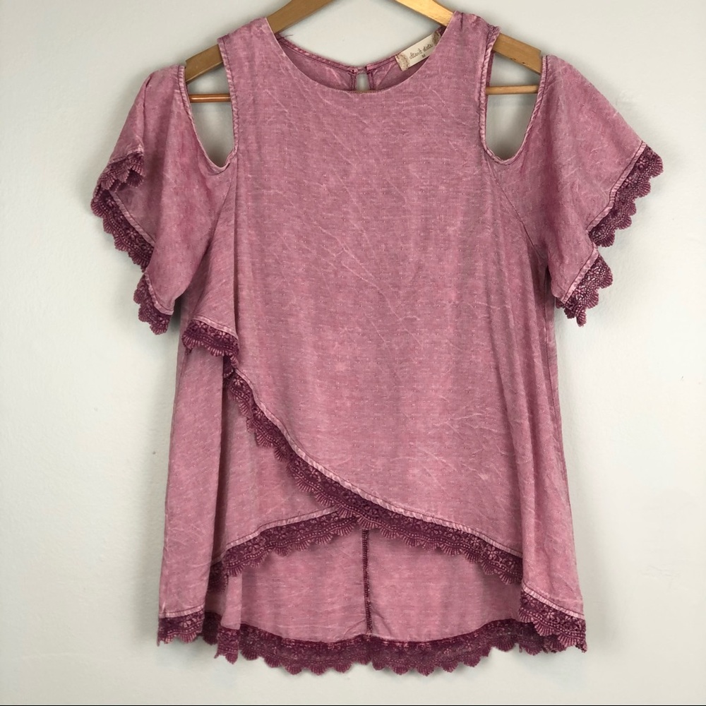 Altar’d State Cold Shoulder Purple Marbled Top with Lace Trim